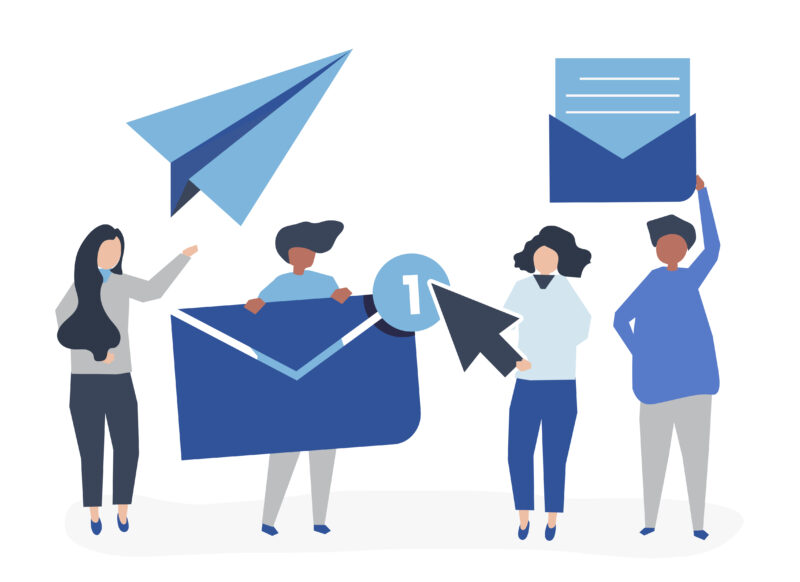 Character illustration of people with internet message icons 4 personnes avec des lettres